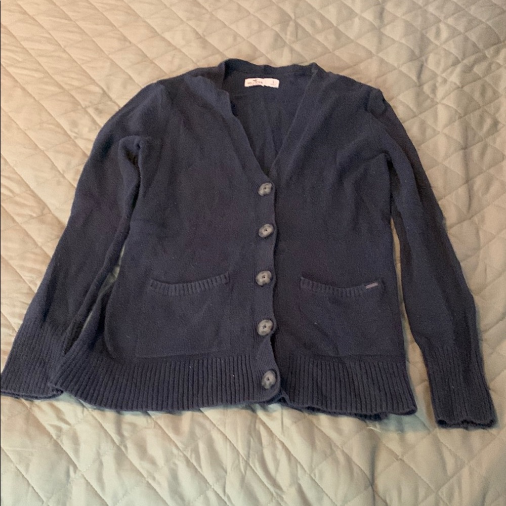 Hollister Blue Cardigan Sweater V-Neck Ribbed Knit